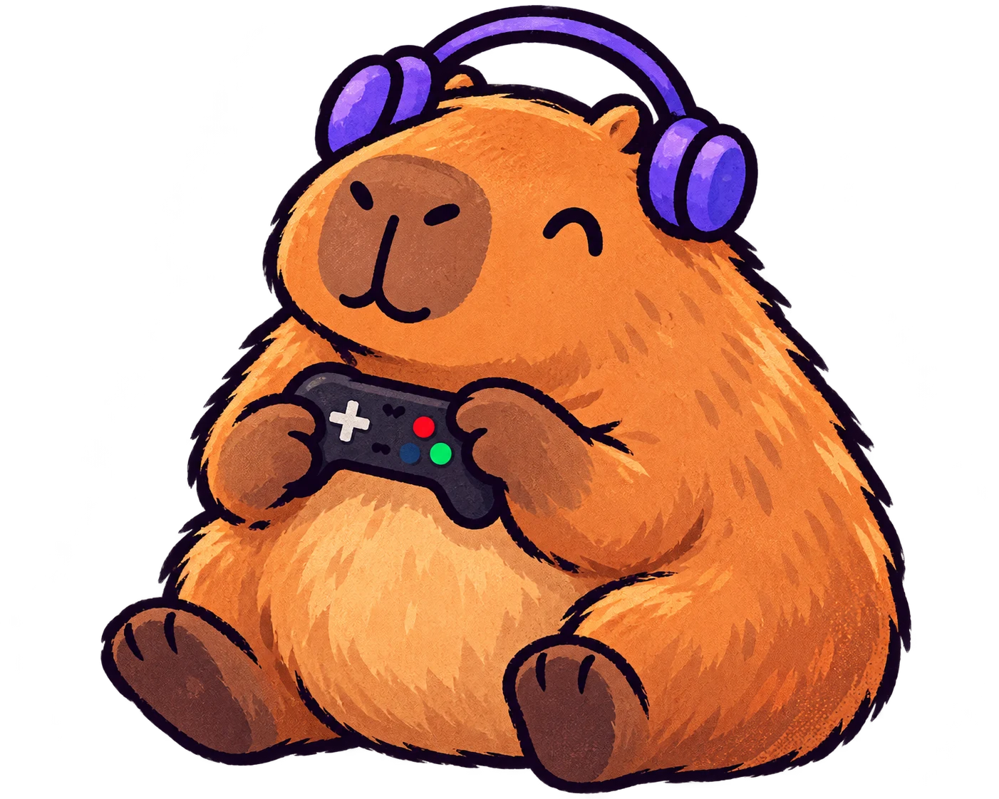 An illustrated capybara wearing headphones and holding a game controller