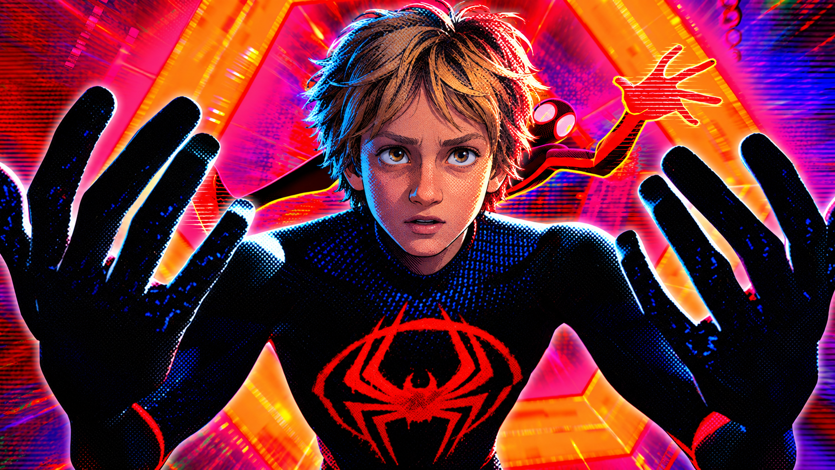Philip reimagined as an animated Spider-Verse hero