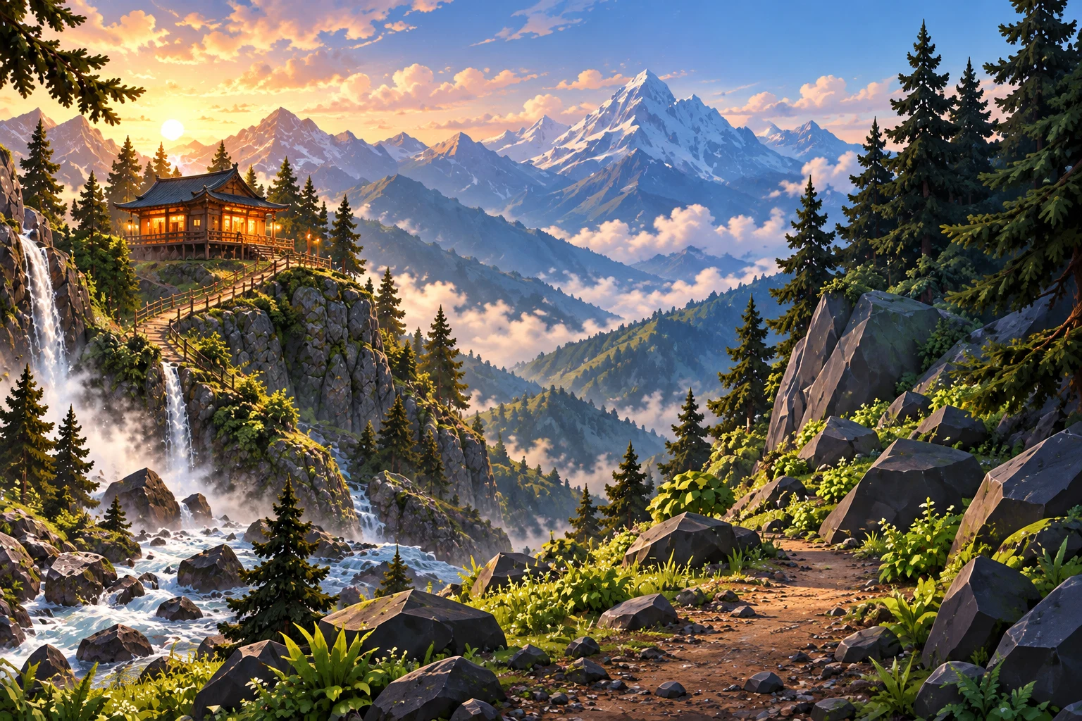 Illustrated alpine trail, waterfall and a warmly lit mountain tea house